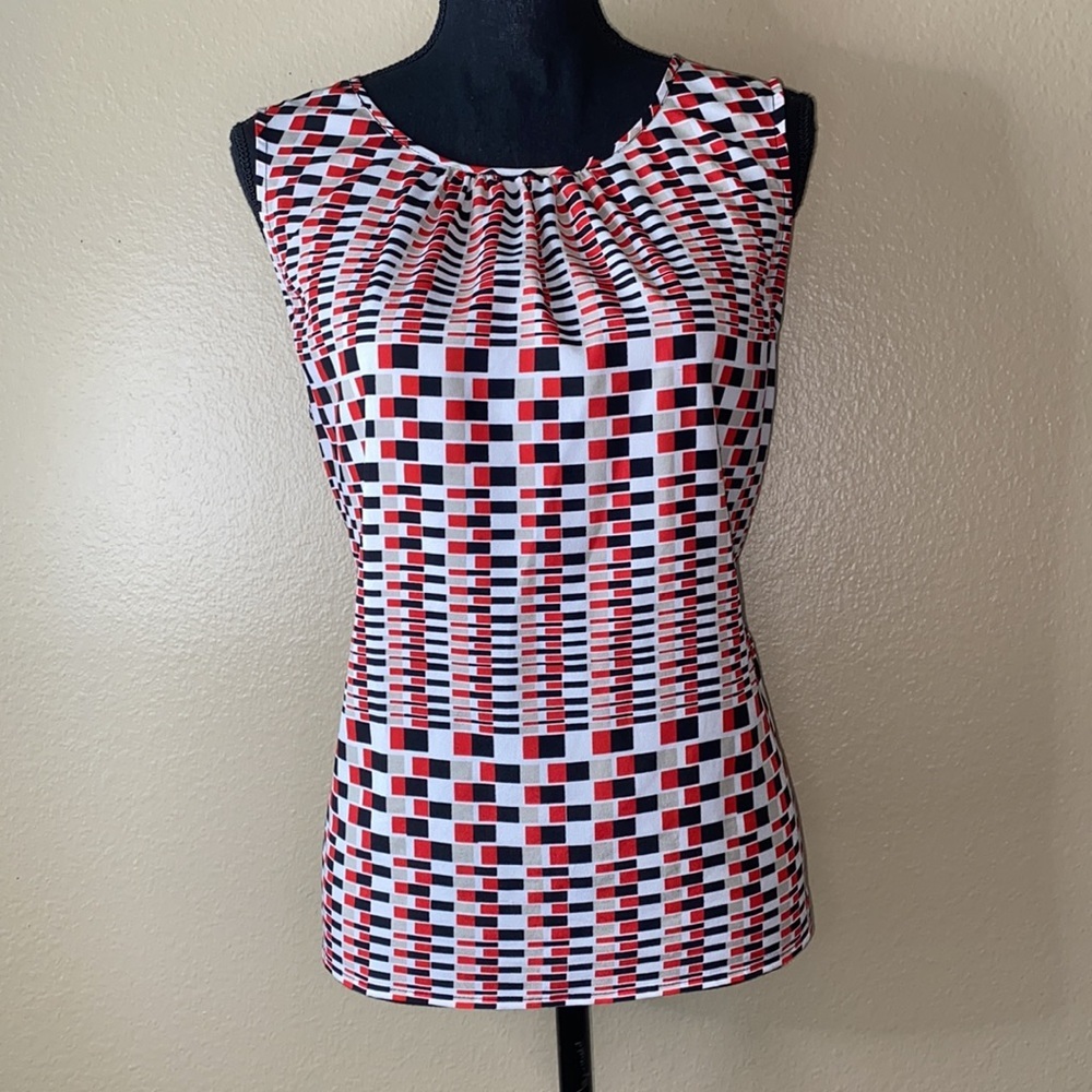 Evan Picone Red Black White & Cream Sleeveless Blouse Large